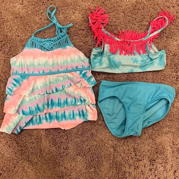 Justice girls large 12 swim set top bottom bikini tankini blue tie dye fringe - Picture 1 of 11